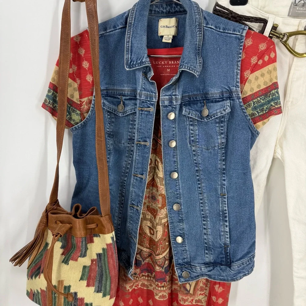 Vintage embossed, leather strap /trim, bohemian Multicolor Patterned Bucket Bag